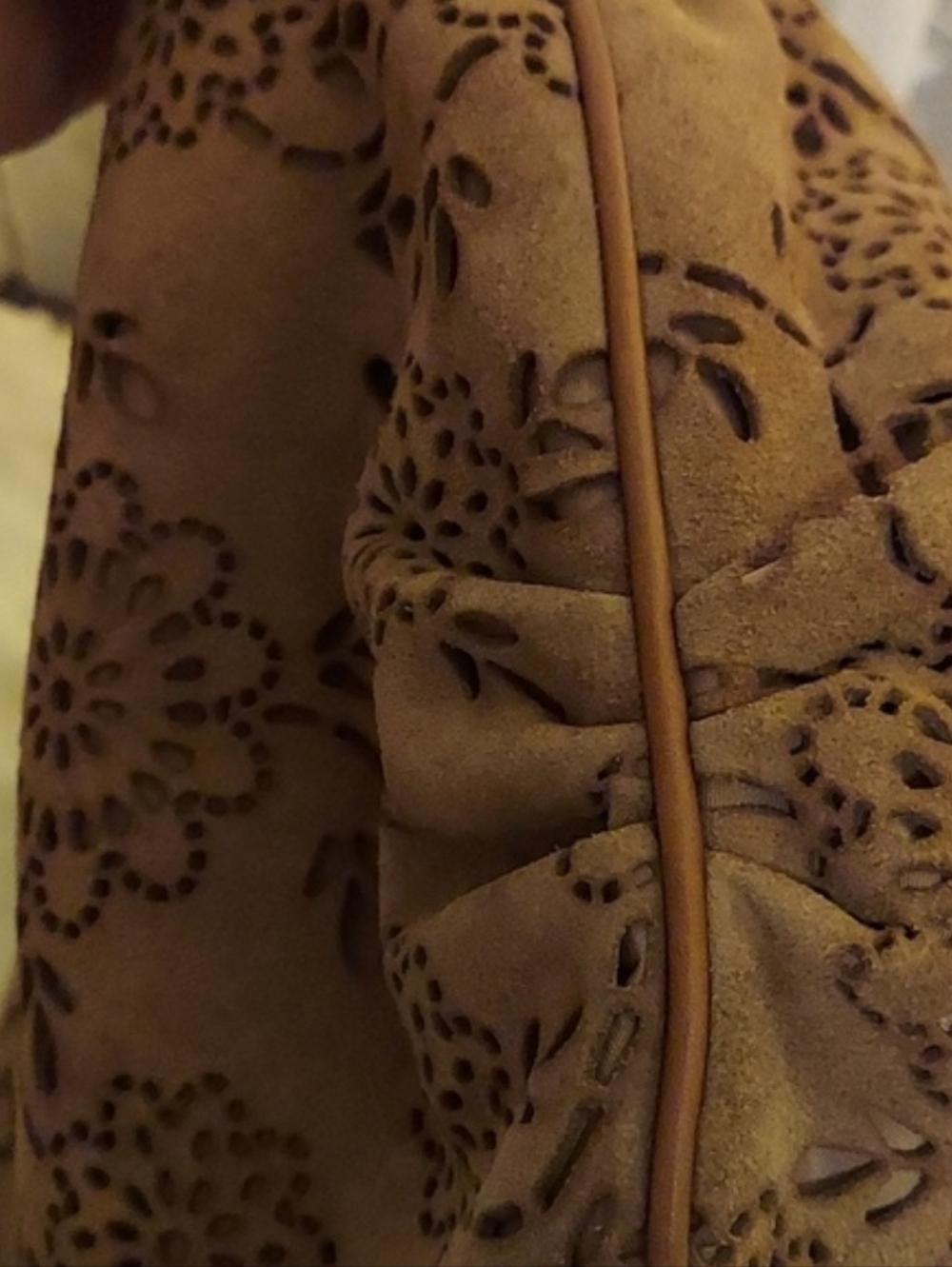 COLE HAAN H06 Collection Brown Suede Lazer Preforated Floral Motif Hobo Bag - Picture 11 of 14